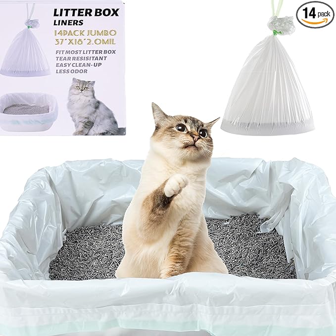 Suhaco Cat Litter Box Liners, Litter Pan Disposable Bags 2 Mil Thickened Cat Litter Liners with Drawstring Weekly 14 Large Pack Litter Bags for Easy Cleaning (L (Pack of 14))-Mewly Pet