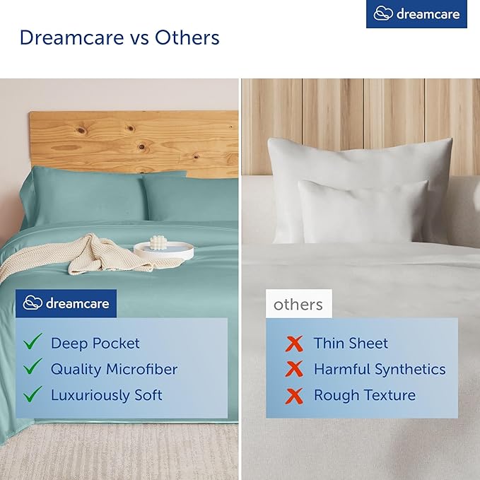 DREAMCARE King Size Sheets Set - Cooling Bed Sheets - 4pcs Set - up to 15" Deep Pocket King Sheet Set – Soft & Long Lasting Cooling - 100% Fine Brushed Microfiber with Side Pocket - Spa Blue