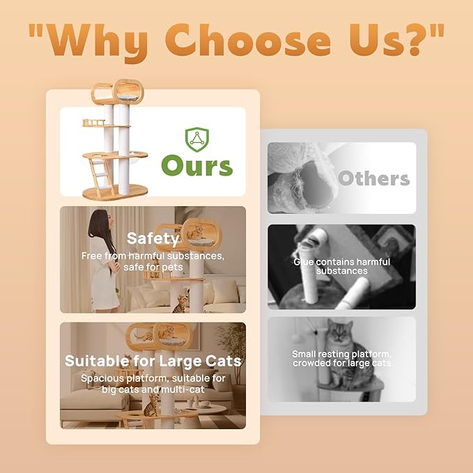 63.6'' Modern Cat Tree Indoor, Solid Wood Cat Tree with Scratching Post for Multi-Cat Families, Tall Cat Tower with Auxiliary Stairs, Huge Condo for Large Cats-Mewly Pet