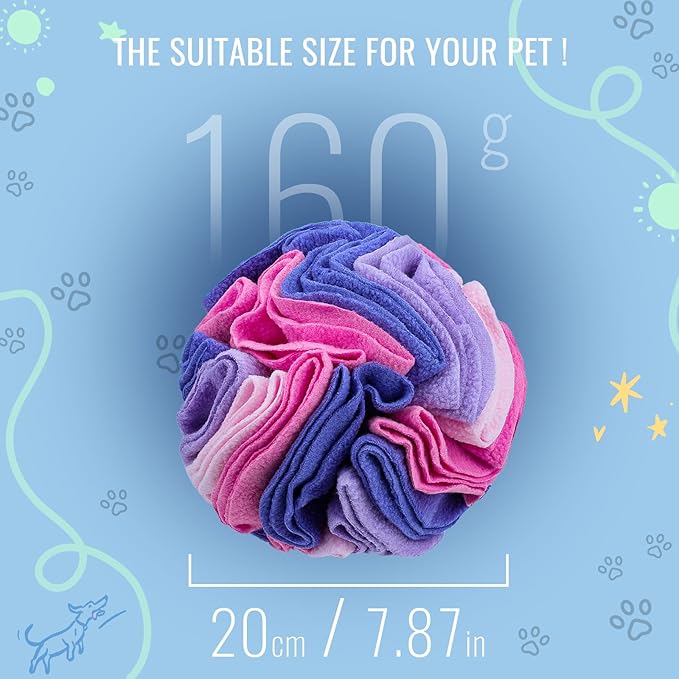 Pet Snuffle Ball, Puzzle Sniffing Interactive Dog Ball for Blind Dogs Training Stress Relief Dog Enrichment Toys Treat Machine Washable (20cm, Pink and Purple)-Mewly Pet
