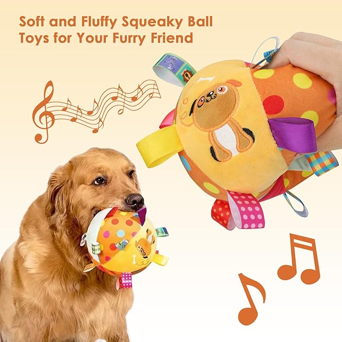 Dog Squeaky Plush Toy with Straps, 6-Inch Soft Stuffed Ball with Cotton Material and Bell Built-in, Pet Interactive Fetch Toy for Small to Large Dog-Mewly Pet