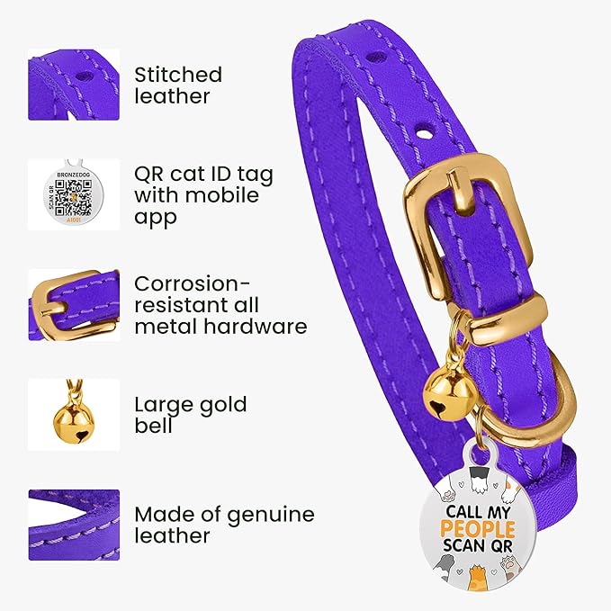 BRONZEDOG Leather Cat Collar with Removable Bells Non Breakaway Kitten QR Tag for Girl Boy (9" - 12" Cats/Mini Dogs, Purple & Gold)-Mewly Pet