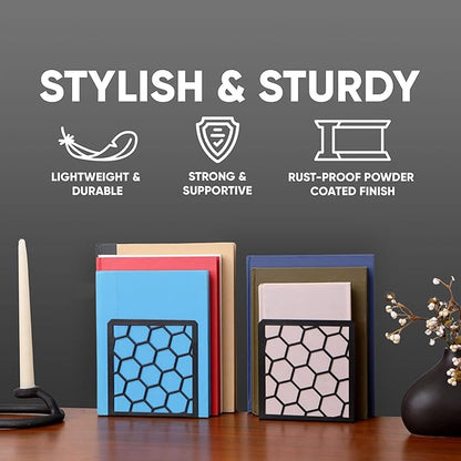 GEOMOD Geometric Honeycomb Black Metal Bookends Decorative - Tall Sturdy Book Ends for Shelves - Modern Heavy Duty Bookend Stopper - Office or Home Book Shelf Book Holder - 6x3.25x6.25 Inches - 1 Pair
