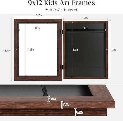 [3Pack] Kids Art Frames, 9x12 Front Opening Kids Artwork Frames Changeable, Brown Artwork Display Storage Frame for Wall, Holds 50 Pcs, for 3D Picture, Crafts, Children Drawing, Hanging Art, Portfolio