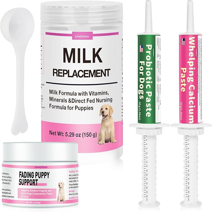 4 in 1 Whelping Kit for Dogs - Whelping Calcium Paste, Probiotic Paste, Fading Puppy Support & Puppy Milk Replacer - Essential Dog Whelping Supplies for Safe Delivery, Strong Puppies & Nursing Support-Mewly Pet