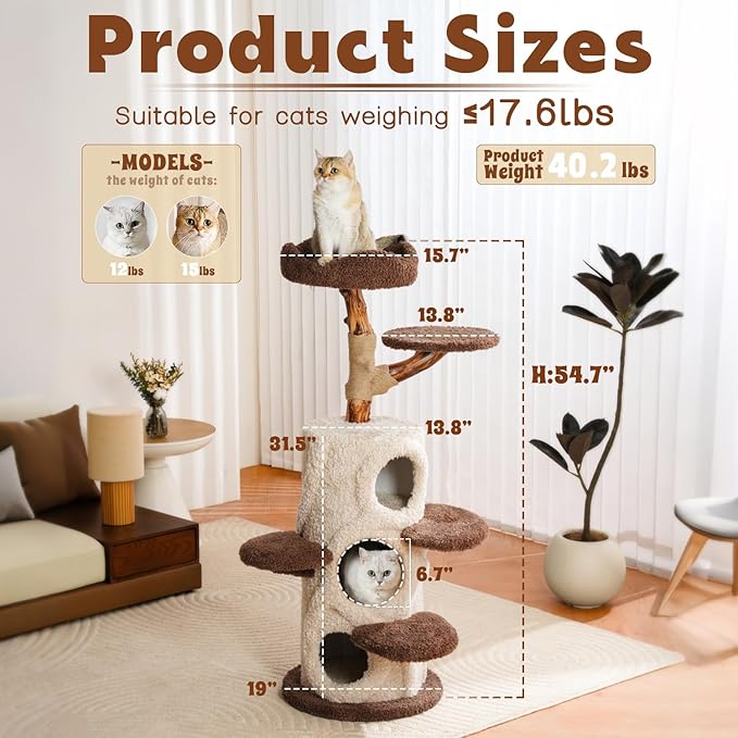 Luxury Treehouse Cat Tree for Indoor Large Cats,54.7'' Tall Modern Wood Cat Tower with 3 Level House,4*Cozy Perch,1*Soft Viewing Bed,Heavy Duty Wide Base,Sisal Scratching Post (54.7inch)-Mewly Pet