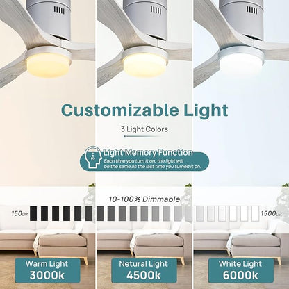 Sofucor 52 Inch Smart Ceiling Fans with Lights-Flush Mount Low Profile Modern Outdoor Solid Wood Ceiling Fans with Alexa/Google Assistant/APP/Remote Control for Bedroom/Farmhouse/Patio, Silver Grey