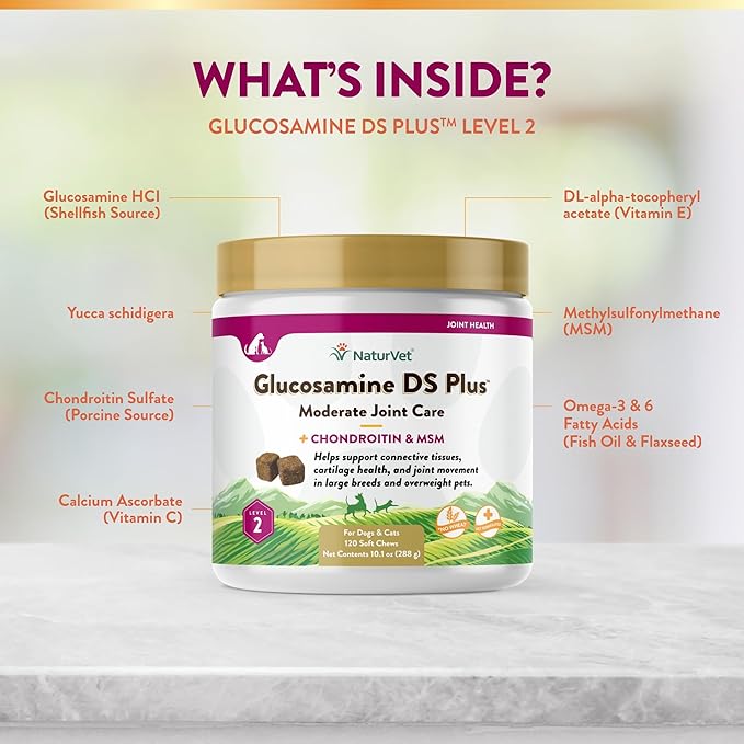 NaturVet – Glucosamine DS Plus - Level 2 Moderate Care – Supports Healthy Hip & Joint Function – Enhanced with Glucosamine, MSM & Chondroitin – for Dogs & Cats–120 Soft Chews-Mewly Pet