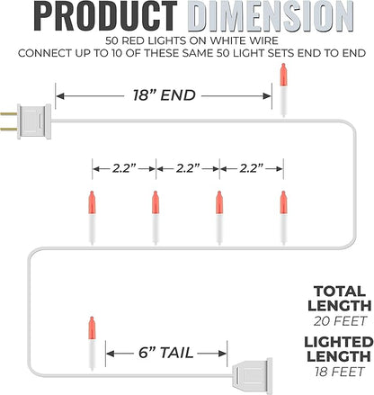 612 Vermont 50 Red Christmas Lights on a White Wire String, UL Approved, Indoor and Outdoor Use, 9 Foot of Lighted Length, 11 Foot of Total Length