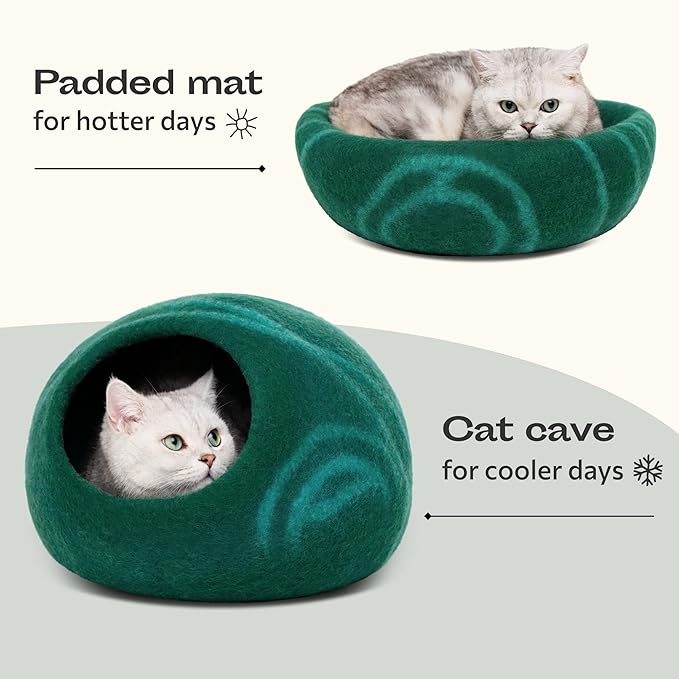 MEOWFIA Cat Cave – Premium Felt Cat Bed for Indoor Cats, Handmade 100% Merino Wool (Large, Emerald)-Mewly Pet
