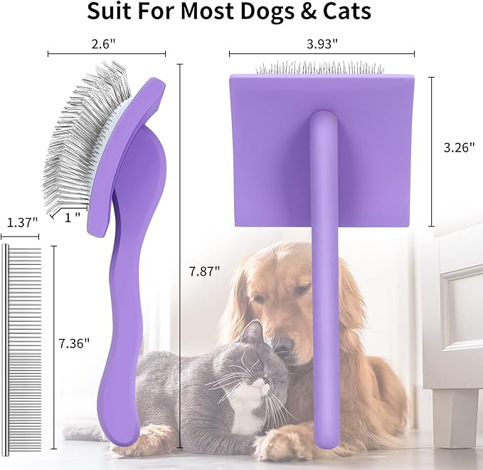 Slicker Brush for Dogs, Long Pin Dog Grooming Brush for Goldendoodles, Poodles, Doodles & More, Includes Bonus Pet Comb, Perfect for De-Shedding, Dematting & Reducing Tangles. Large, Purple-Mewly Pet
