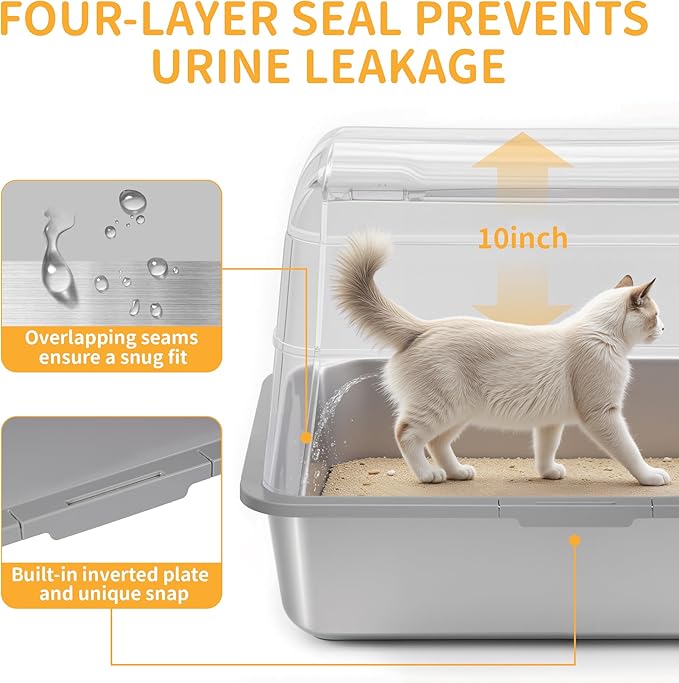 Stainless Steel Litter Box with Lid, XL Extra Large Cat Litter Box, Enclosed Metal Litter Pan with High Sided Enclosure & Scoop, Anti Leakage, Easy to Clean, Odor Control(Grey)-Mewly Pet