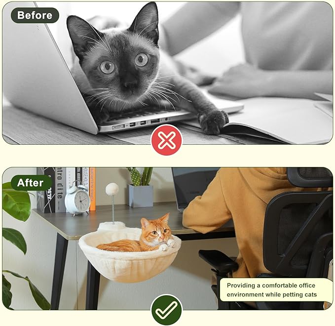 PAWZ Road Cat Bed for Desk with Interactive Plush Ball, 12 Inches in Diameter,Space-Saving Cat Desk Bed, White Cats Hammock for Table Supports Up to 40lbs, Medium-Mewly Pet