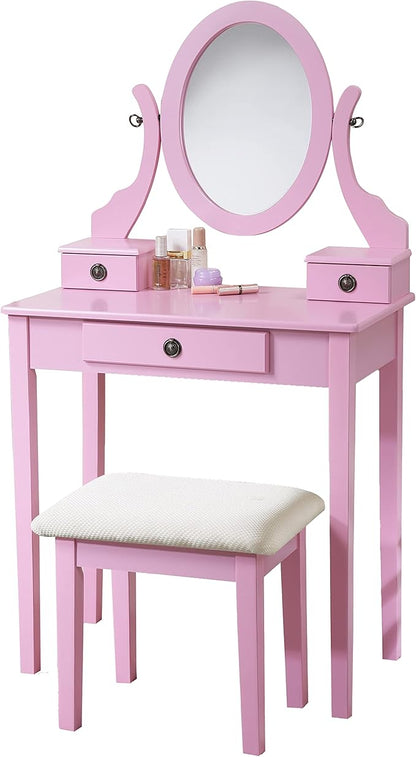 Roundhill Furniture Moniys Moniya Pink Wood Makeup Vanity Table and Stool Set