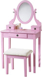 Roundhill Furniture Moniys Moniya Pink Wood Makeup Vanity Table and Stool Set