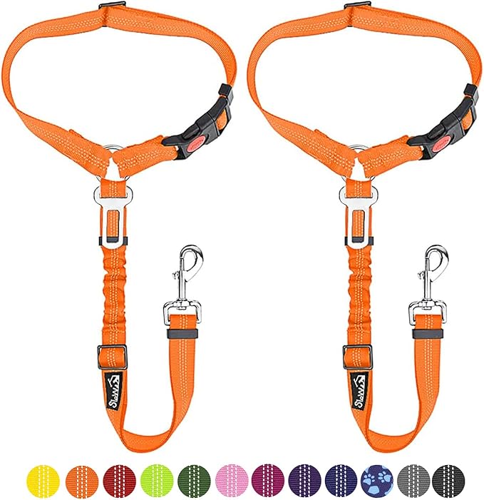 SlowTon Dog Seat Belt for Car, 2 Pack Dog Car Harness Seatbelt Adjustable with Elastic Bungee Buffer, 2 in 1 Pet Car Leash Headrest Restraint Dog Reflective Safety Tether (Orange, Headrest+Clip)-Mewly Pet