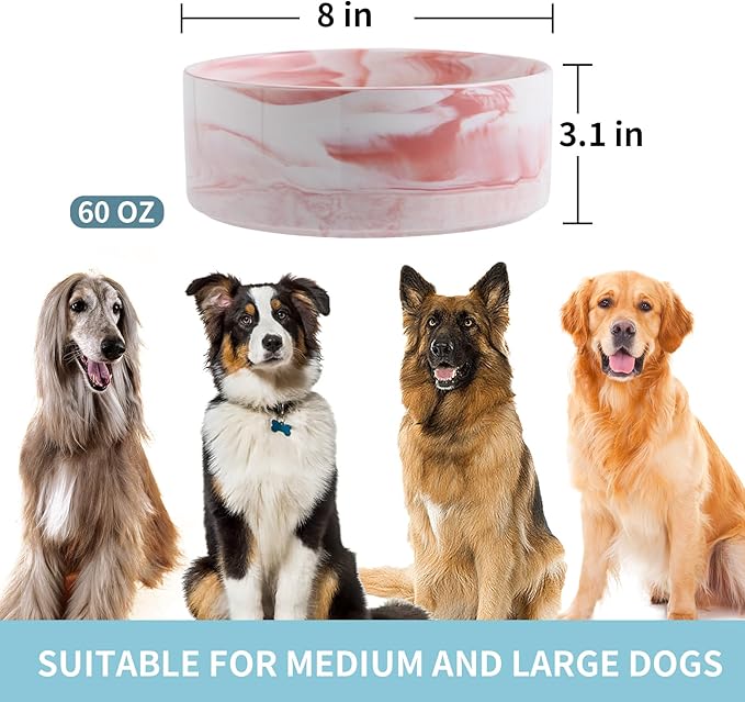 Dog Bowl Ceramic for Medium Large Breed, Heavy Weighted Dog Food Water Feeder Dish,8 in Non - Slip Modern Cute Extra Big Porcelain Pet Bowl Maze Marble Pink-Mewly Pet