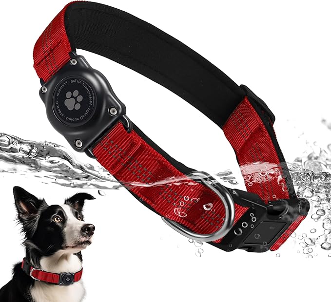 Upgraded AirTag Dog Collar, IP68 Waterproof Air Tag Dog Collar Holder, Reflective, Ultra-Durable, Comfortable Padded, Heavy Duty Dog Collars for Small Medium Large Dogs (L (14.8"-20.3"), Red)-Mewly Pet