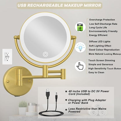 Rechargeable Wall Mounted Lighted Makeup Mirror with Magnification Gold, 8 Inch 1X/10X Magnifying Two Sided Led with Lights, 360 Swivel Extendable Shaving Mirror for Bathroom, Brushed Gold