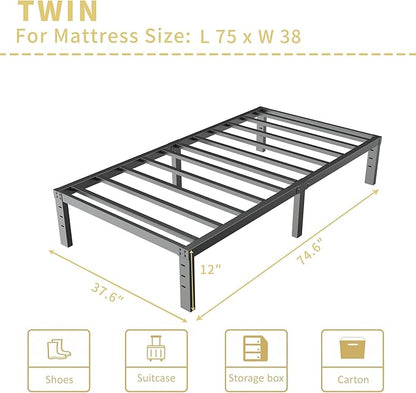ALDRICH 12 Inch Metal Twin Bed Frame - Single Black Basic Steel Slats Platform, Easy Assembly Heavy Duty Noise Free Bedframes, No Box Spring Needed