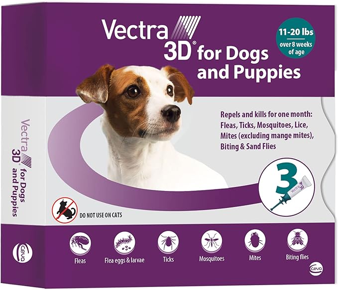 Vectra 3D for Dogs Flea, Tick & Mosquito Treatment & Prevention for Small Dogs (11 – 20 lbs) , 3 month supply-Mewly Pet