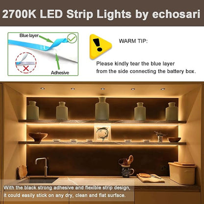 echosari Battery Powered Led Strip Lights with Remote Warm White, 8 Modes, Dimmable, Timer, Self-Adhesive, Cuttable, Waterproof, 9.8FT 90Led Strip Lights for TV Kitchen Cupboard Bedroom Decor