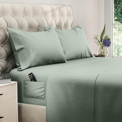 DREAMCARE Full Size Sheets Set - 4 Pcs Cooling Bed Sheets with Up to 15" Deep Pockets - Soft, Long-Lasting 100% Brushed Polyester with Side Pocket (Sage Green)