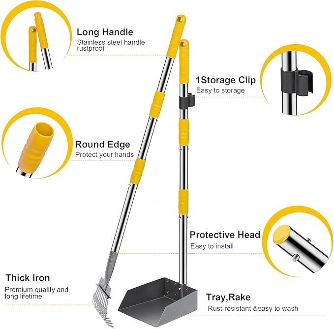 Niubya Pooper Scooper for Dogs, Metal Poop Scooper Tray and Rake Set with Adjustable Long Handle, Dog Pooper Scooper for Pet Waste Removal-Mewly Pet