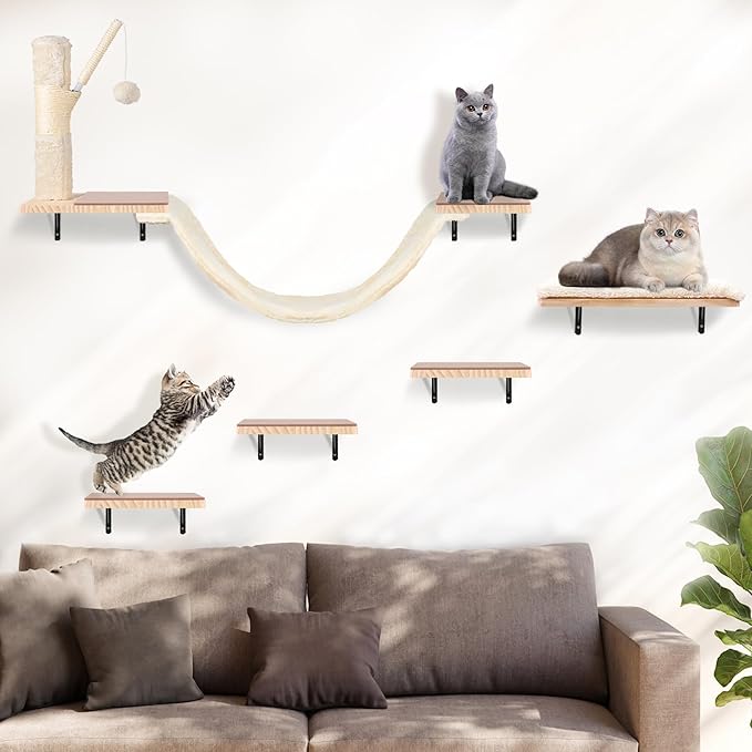 Wall Mounted Cat Climber Set, Cat Wall Shelves,Cat Wall Furniture Set,with Hammock,Jumping Boards,Sofa,Steps,Scratching Post,Hanging Ball and Felt Pads, Suit for Cats Climb, Jump,Scratch-Beige-Mewly Pet