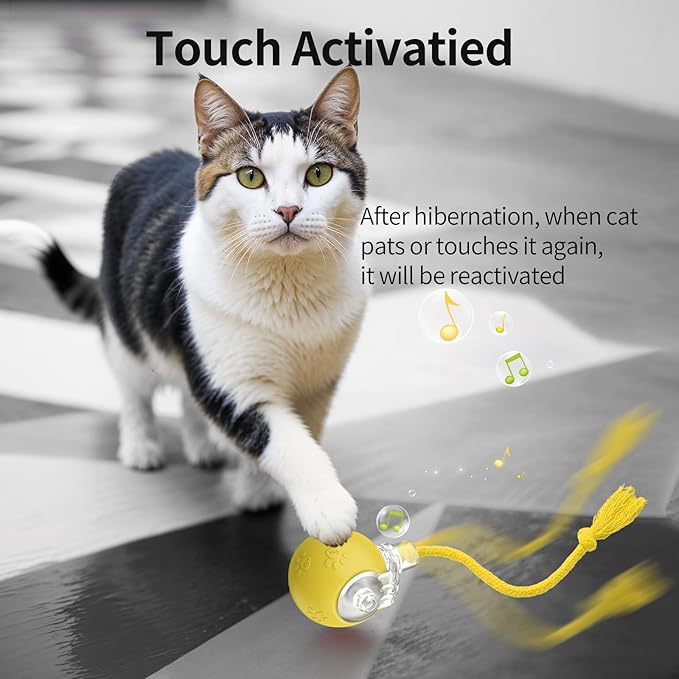 Interactive Cat Toys, Automatic Moving Cat Toys for Bored Indoor Adult Cats, Fast Rolling, Chirping & Motion-Activated Kitty Toys, Fun Gift for Cats with Speedy Tail 2.0, USB Rechargeable, Yellow-Mewly Pet
