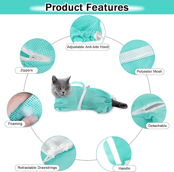 JULMELON Cat Washing Bag 10 PCS Set, Adjustable Cat Shower Net Bag and Pet Grooming Brush with Nail Clipper Nail File Hair Combs Tick Tool Nail Caps for Bathing Nail Trimming Examination(Pink+Green)-Mewly Pet