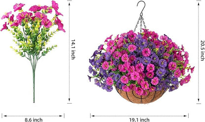 Artificial Fake Hanging Flowers Plants Baskets for Outdoor Decoration, Faux Silk Morning Glory in Planter UV Resistant Realistic for Outside Porch Patio Balcony Garden Yard Home Decor