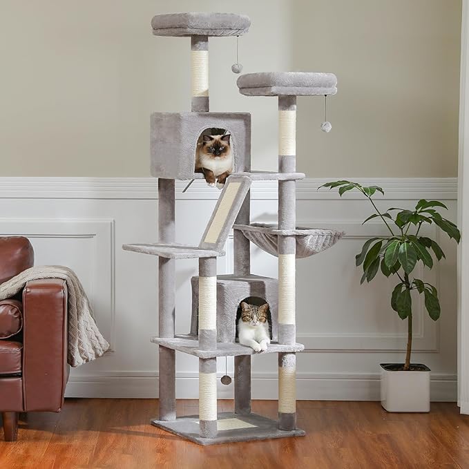PAWZ Road 70 Inch Cat Tower, Tall Cat Tree with 2 Cozy Condos, 2 Plush Perch, Large Basket, 2 Scraching Pad & 6 Scraching Posts for Indoor Cats Large Adult, Gray-Mewly Pet