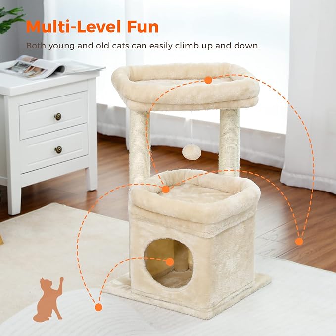 PEQULTI Cat Tree Cat Tower for Indoor Cats with Private Cozy Cat Condo, Natural Sisal Scratching Posts and Plush Pom-pom for Small Cats,Beige-Mewly Pet