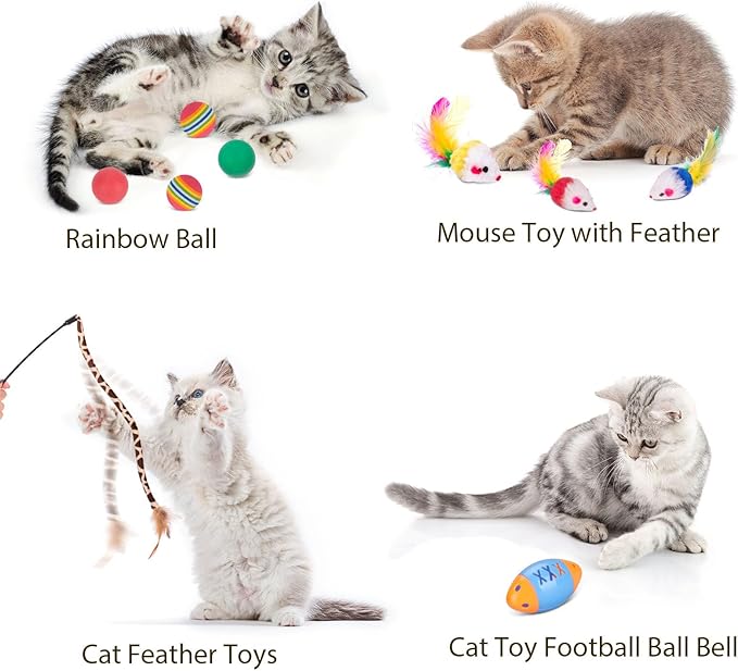 Retro Shaw Cat Tunnels with Cat Toys Pack, Interactive Kitten Toys for Indoor Cats Kitty, Kitten Tube Tent Feather Wand Teaser Bell Fuzzy Ball Springs Mouse (25 Pcs Extra Large Cat Tunnel Toys Set)-Mewly Pet
