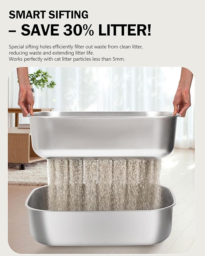 Stainless Steel Sifting Litter Box with Lid, Metal Litter Pan with Scoop for Big Cats Multi Cat, Extra Large Cats Litterbox Odor Control Easy Clean-Mewly Pet