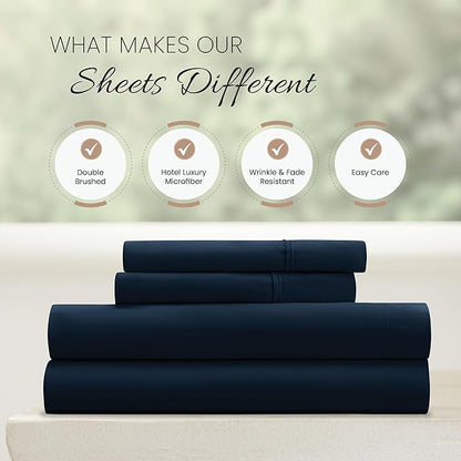 Linen Market Double-Brushed Microfiber California King Sheet Set 4 Piece – Oeko-TEX Certified Ultra Soft & Wrinkle-Free - 16" Deep Pocket Sheets Easy Care Cal-King Size - Navy
