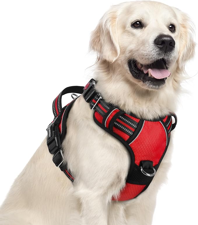 rabbitgoo Dog Harness for Large Dogs, No Pull Pet Vest with 3 Buckles, Adjustable Soft Padded Pet Harness with Easy Control Handle and Reflective Strips, Red, XL-Mewly Pet