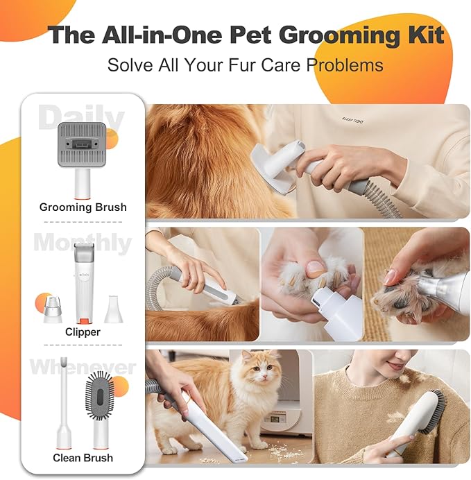Afloia 6-in-1 Dog Grooming Kit, Pet Grooming Vacuum for Shedding, Dog Hair Vacuum with Clipper Nail Trimmer Grinder, Pet Brush Groomer at Home, Low Noise Cats Hair Remover, 1.5L Dust Cup, White-Mewly Pet