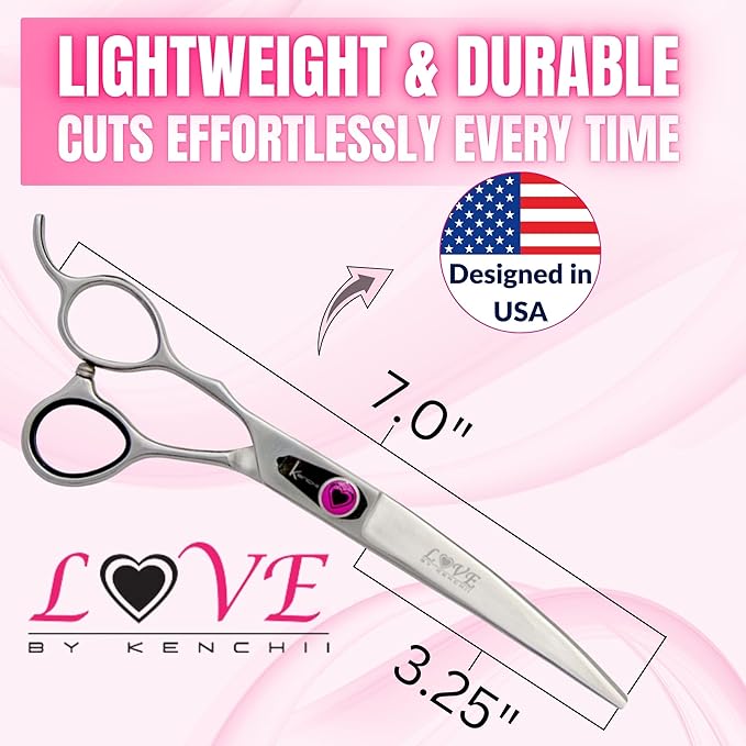 Kenchii Love Left Handed Dog Grooming Scissors, 7 Inch Curved Shears, Dog Scissors for Grooming, Professional Pet Grooming Scissors, Ergonomic & Comfortable-Mewly Pet