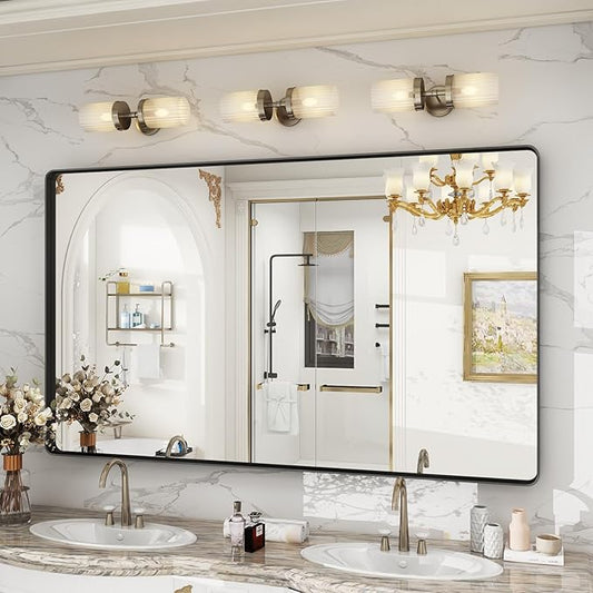 60x36 Inch Black Framed Bathroom Mirror for Wall, Large Matte Black Bathroom Vanity Mirror, Rounded Rectangle Mirror, Anti-Rust, Shatterproof, Hangs Horizontally or Vertically