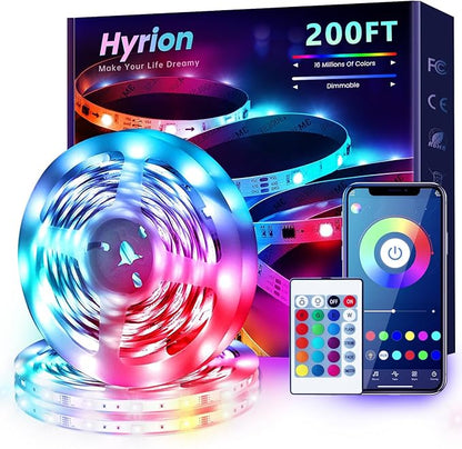 hyrion 200ft Led Strip Lights(3 roll of 65.6ft) Music Sync Color Changing RGB led Strip Light with Remote,Bluetooth Smart APP Control, Tape Lighting for Bedroom Home Party Décor