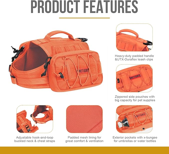 OneTigris Dog Backpack for Medium & Large Dogs, Mammoth Nylon Dog Pack Tactical Backpack Harness with Side Pockets for Hiking Walking Training Running-Mewly Pet