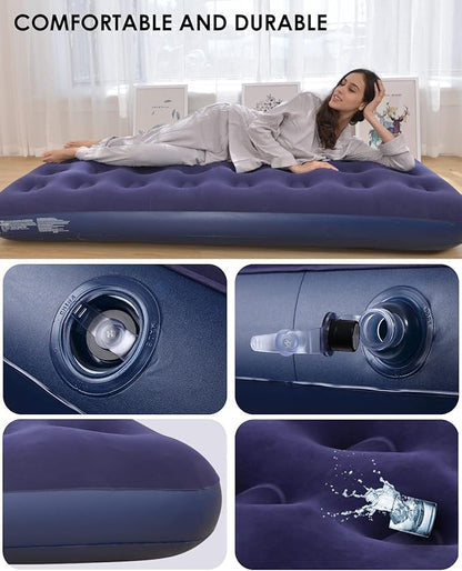 Twin Size Air Mattress for Inflatable - Portable Blue Blow Up Mattresses with Flocked top - Single Foldable Air Bed for Tent Camping Home Travel Backpacking