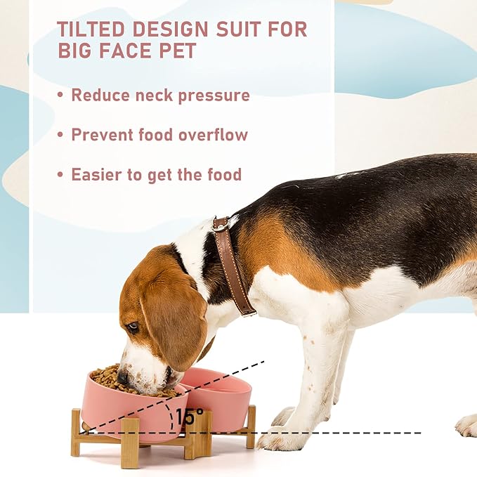 SPUNKYJUNKY 15° Slanted Ceramic Dog and Cat Bowl with Wooden Stand, Tilted Bulldog Food and Water Bowl No Slip Non-Spill for Cats Medium Dogs Big Face Pets 28.7 OZ (3.6 Cups, Pink × 2)-Mewly Pet