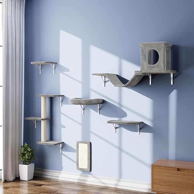 NUNU LAB Wall Mounted Cat Furniture, 6 Pcs Cat Wall Shelves with Condo House, Bridge, Steps, Scratcher, Hammock, Indoor Safe & Stable Furniture for Kittens Play, Gray-Mewly Pet