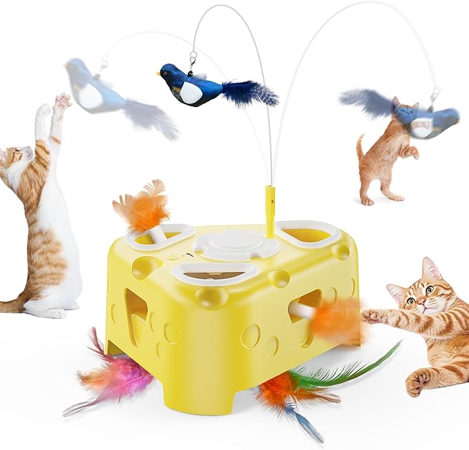 3-in-1 Interactive Cat Toy for Indoor Cats,Automatic Kitten Toys,Flying Bird,6 Holes Mole,Rotating Feather, USB Rechargeable Electronic Interactive Feather Toy for Bored Adult & Kitten Cats-Mewly Pet