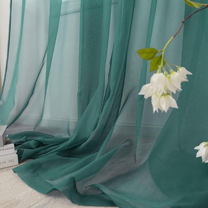 HUTO Dark Teal Green Sheer Curtains 45 inches Long for Bedroom Top Rod Pocket Sheer Window Panels Curtains for Nursery Living Room 52 by 45 Inch Length Set of 2