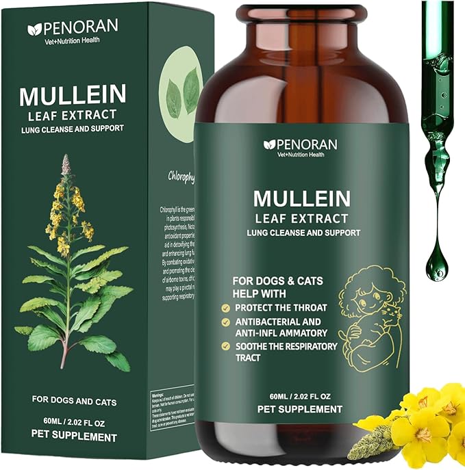 Pet Mullein Leaf Extract Drops for Dogs & Cats Hoarseness, Cough, Easy Breathing, Lung Cleanse and Support, Better Lungs, Soothes Throat Discomfort - ﻿100% Natural and Efficient ﻿ ﻿-Mewly Pet