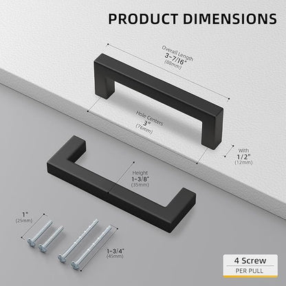 Goldenwarm 10 Pack Black Square Bar Cabinet Pull Drawer Handle Stainless Steel Modern Hardware for Kitchen Bathroom Cabinets Cupboard,Center to Center 3in (76mm) Modern Matte Black Drawer Pulls